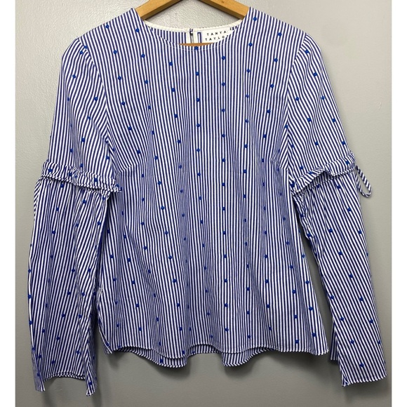 TANYA TAYLOR Blue Striped Swiss Dot Blouse - Picture 1 of 4